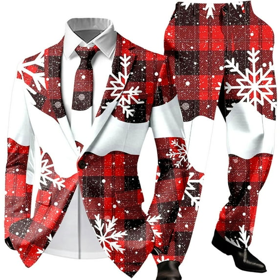KKBOTIVE Men's Christmas Suit Slim Fit Party Funny Printed Adult Novelty Suit and Dress Pants Men's Xmas Jacket Outfit Play Wear D-Brick Red Size: XL