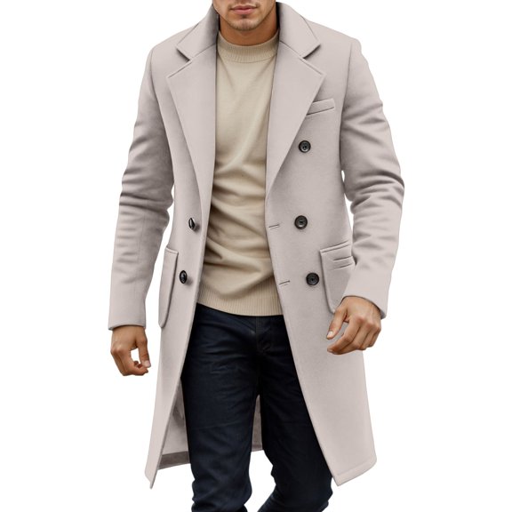 KKBOTIVE Men's Peacoat Notched Collar Double Overcoat Warm Fall Winter Trench Coat for Daily Outerwear Khaki Size: XL
