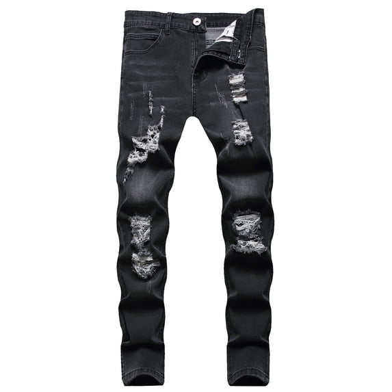 KKBOTIVE Men's Ripped Straight Leg Moto Jeans Hop Washed Jean Trousers Denim Distressed Slim Fit Denim Pants Black Size: XL