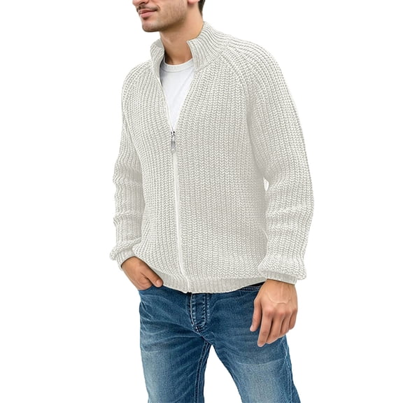 KKBOTIVE Men's Sweater Coat Fashion Zip Up Turtleneck Solid Color Casual Sweaters Jacket for Mens Fall Winter Outerwear, White Size: L