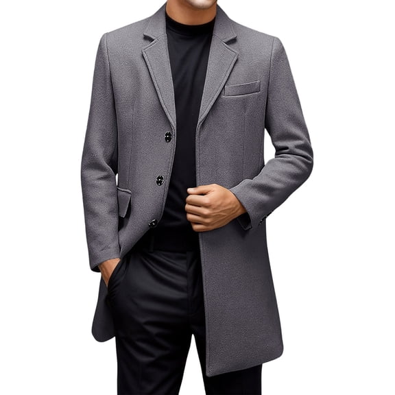 KKBOTIVE Men's Wool Jackets & Coats Slim Fit Notched Collar Long Jacket Overcoat Oversized Casual Windbreaker Jackets Business Clothes