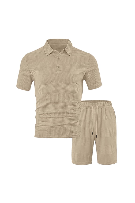 Mens 2pc Outfit Set Button Down Crewneck T Shirt Top and Shorts Pants Set 2 Piece Summer Suits Adults, Khaki Size: M