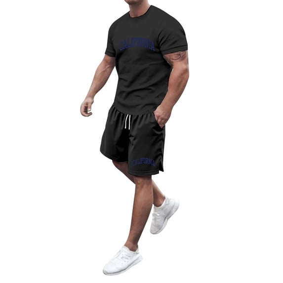 KKBOTIVE Mens 2pc Outfit Set Fashion Print Crew Neck Short Sleeve Tee and Shorts Summer Clothes Suits for Mens, Grey Size: S