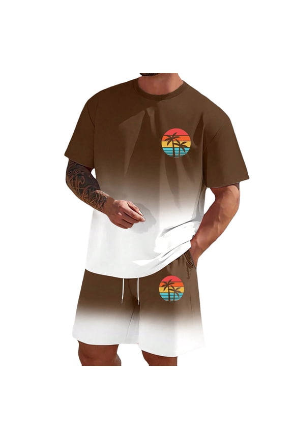 Mens 2pc Outfit Set Fashion Print Crew Neck Short Sleeve Tops and Shorts Set Summer Mens Suits 2 Piece Outfits, Brown Size: S
