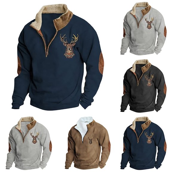 KKBOTIVE Mens Aztec Casual Long Sleeve 1/4 Zip Pullover Retro Deer Graphic Western Hoodies Mens Country Jacket Khaki Size: XL
