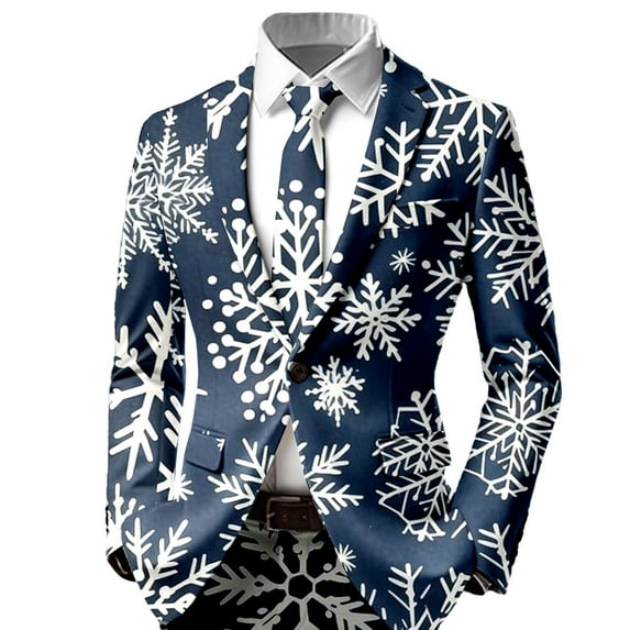 KKBOTIVE Mens Christmas Suit Jacket Xmas Funny Printed Suits Button Blazers Collared Comfort Party Prom Jackets Mens Fall Winter Outerwear Dark Blue-1 Size: S