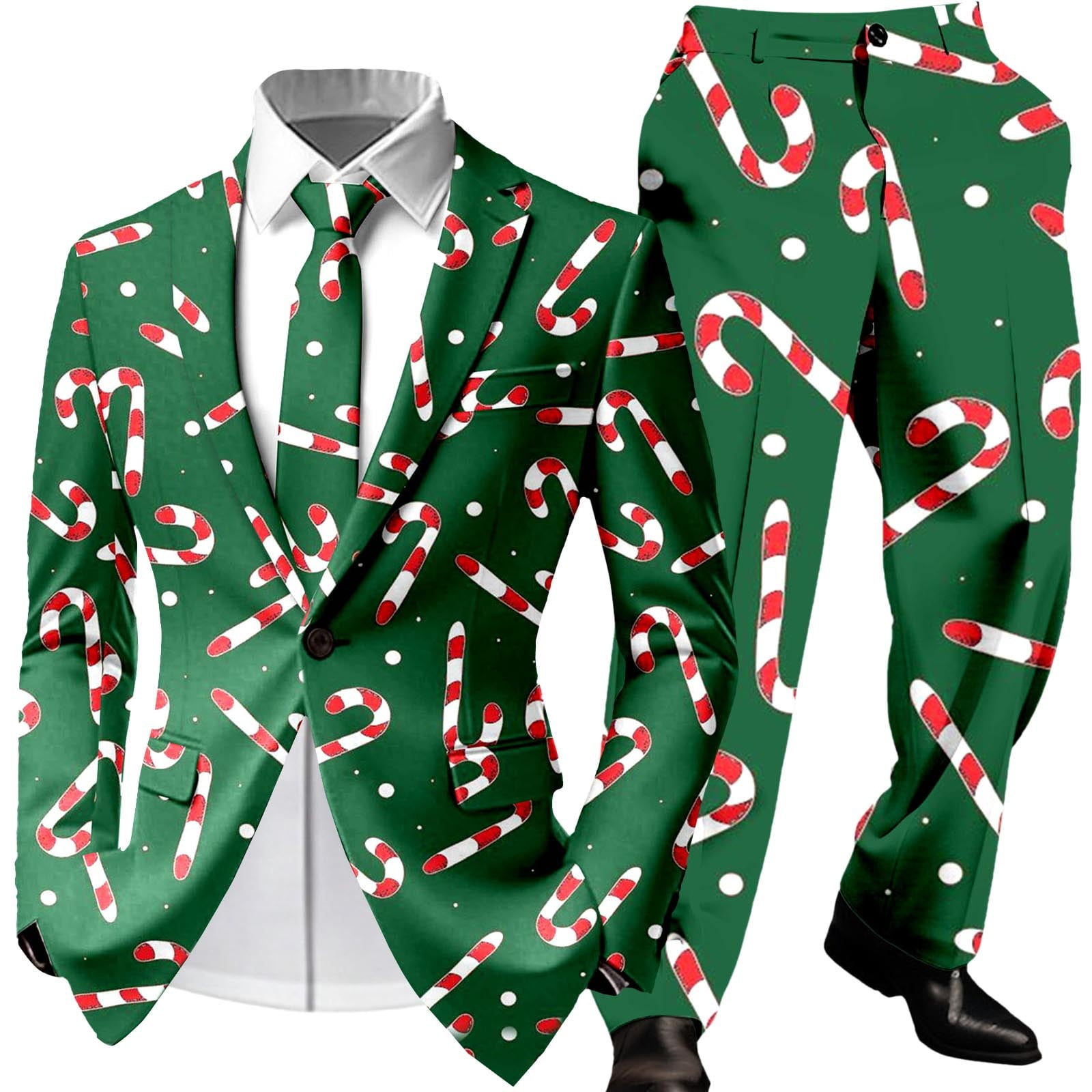 Kkbotive Mens Christmas Suit Long Sleeve Button Down Funny Print 2pcs Suit and Dress Pants Men's Xmas Jackets Outfit Play Wear D-Dark Green Size: XXL