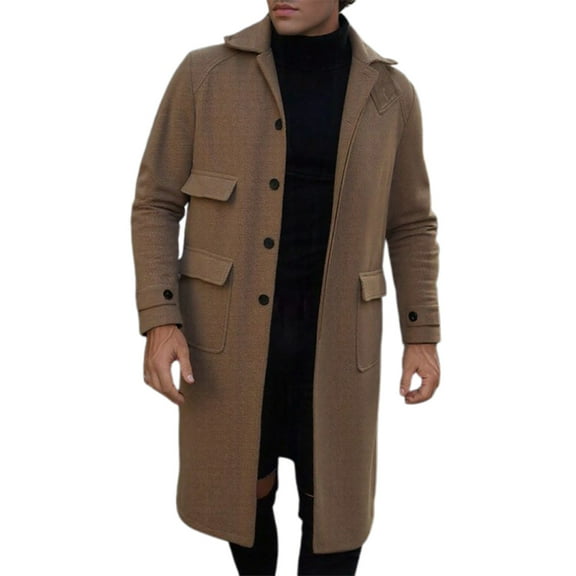 KKBOTIVE Mens Fall Winter Trench Coat Notched Lapel Long Peacoat Solid Color Overcoat Men's Fashion