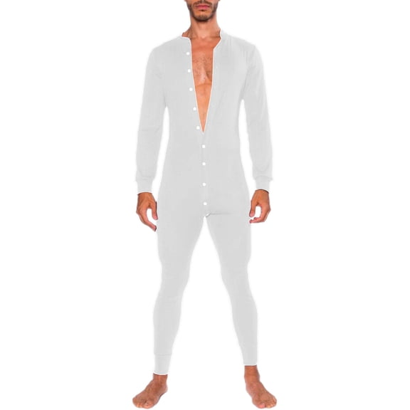 KKBOTIVE Mens Fashion Long Sleeve Onesie Solid Jumpsuit Pajamas Adult Stretchy Button Down Home Wear Garment White Size: XL