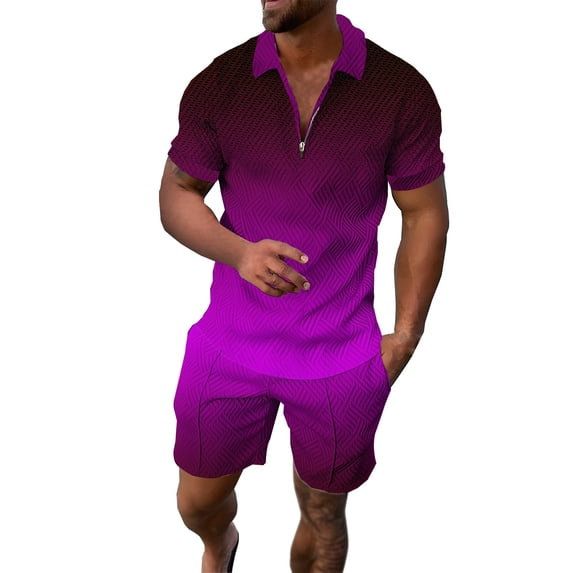 KKBOTIVE Mens Outfit 2 Piece Set Solid Color Round Neck Short Sleeved T Shirt Set Summer Mens Sweatsuits Purple Size S