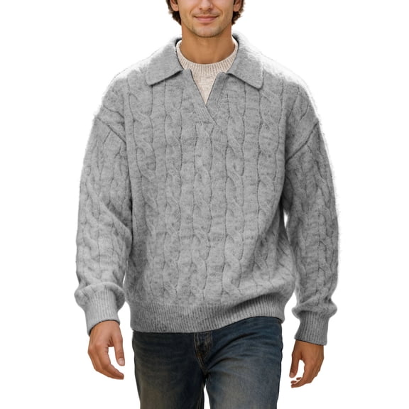 KKBOTIVE Mens Retro Knit Sweater Coat Fashion Lapel Winter Warm Pullover Casual Lined Jacket for Men's Daily Wear ( Light Gray Size: L )