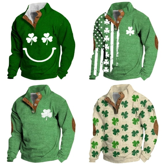KKBOTIVE Mens St Patrick Button Stand Collar Sweatshirt Casual Long Sleeve Retro Pullover for Spring Fall Festive Men's Clothes ( Green1 Size: XXL )