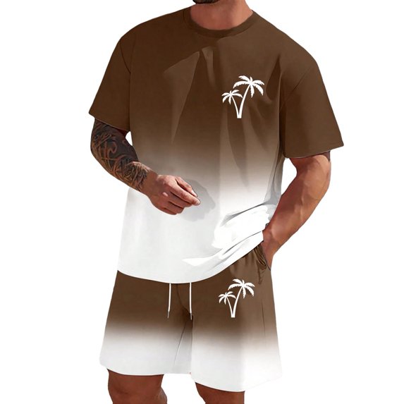 KKBOTIVE Mens Summer Outfit Set Button Down Collared Shorts Sleeve Tracksuit Summer Mens Sweatsuits, Brown Size: XXXL