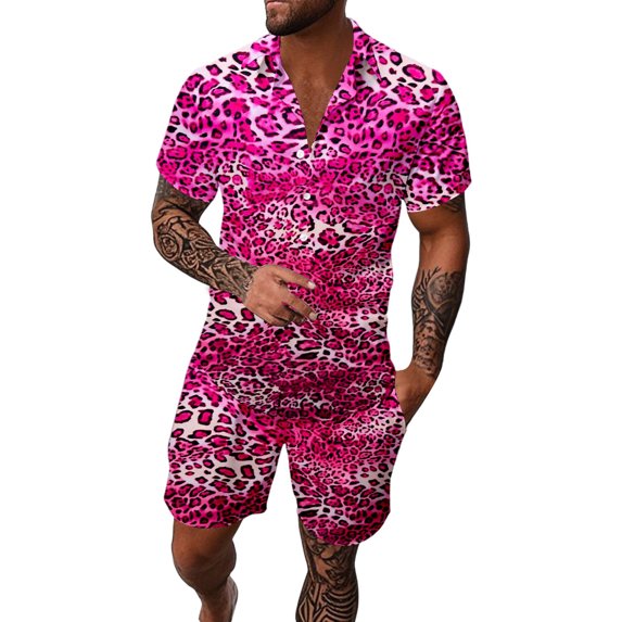 KKBOTIVE Mens Summer Outfit Set Button Down Crewneck Shorts Sleeve Tracksuit Summer Adult Tracksuits, Hot Pink Size: S