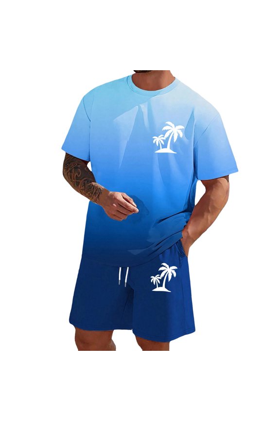 Mens Summer Outfit Set Letter Print Crew Neck Short Sleeve T Shirt Tops + Elastic Shorts Summer Adults Cozy Soft Sweatsuit, Dark Blue Size: M