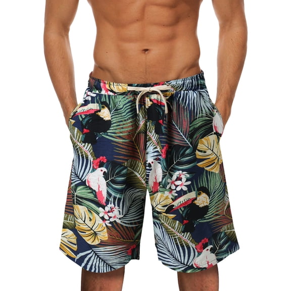 KKBOTIVE Mens Swim Trunks Beachwear Hawaiian Prints Swimwear with Drawstring Mens Swim Bottoms Swimsuit ( Navy Size: XXL )