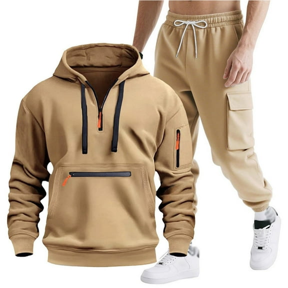 KKBOTIVE Mens Tracksuit Solid Hoodie and Cargo Pant 2Pc Set Casual Long Sleeve 1/4 Zipper Pullover Workout Sweatsuit for Men's Fashion Khaki Size: L