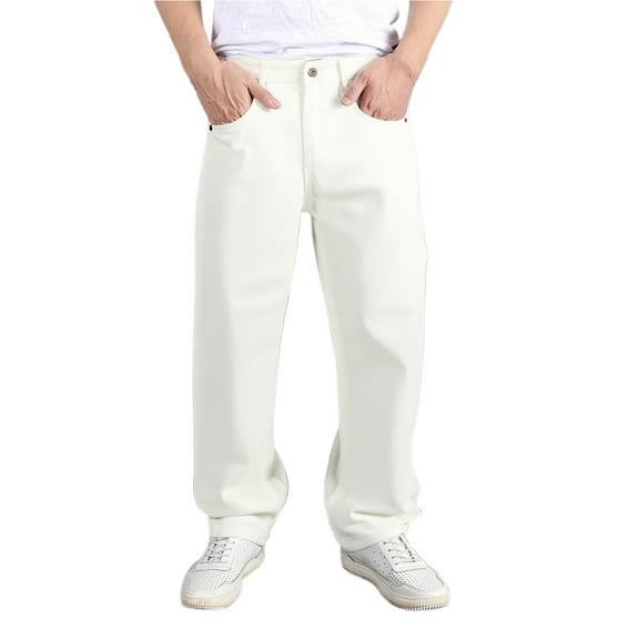 KKBOTIVE Mens Travel Pants Elastic Waist Denim Pants Casual Loose Straight Leg Jeans Workwear Dress Pants ( White Size: XL )