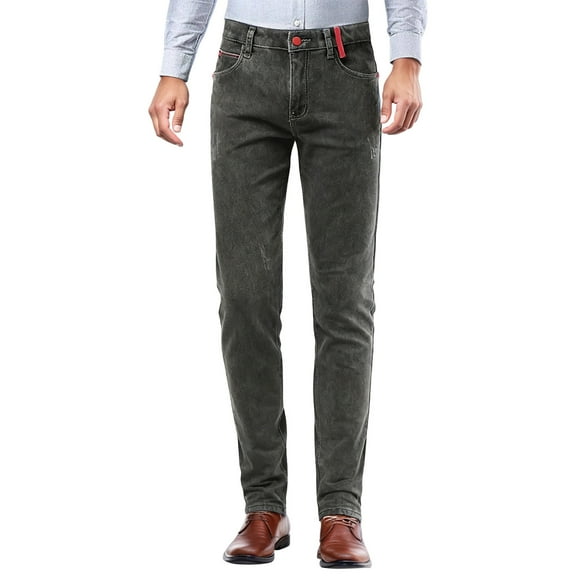 KKBOTIVE Mens Travel Pants Elastic Waist Denim Pants Warm Lined Bottoms Casual Loose Straight Leg Jeans Workwear Dress Pants ( Grey Size: 30 )