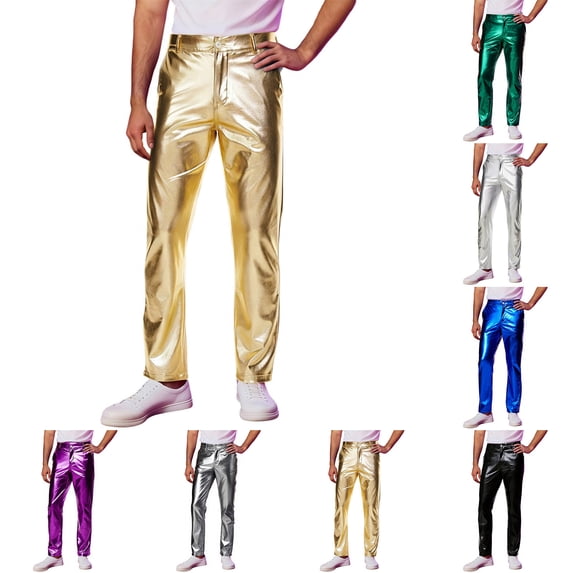 KKBOTIVE Metallic Shiny Disco Pants for Men, 70s/80s Party Rave Pants, Retro Festive Straight Trousers Men's Fashion, Gold Size: L