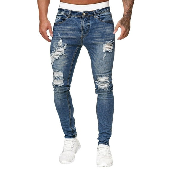 KKBOTIVE Ripped Straight Leg Moto Jeans for Men Hop Washed Jean Trousers Denim Distressed Slim Fit Denim Pants Men's Fashion Blue Size: L