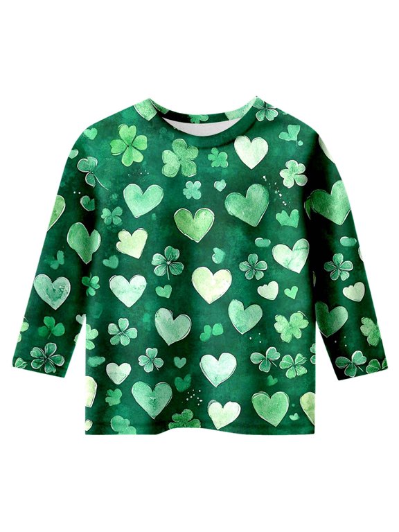 St.patrick's Day Shirt Toddler Kids Long Sleeve Crew Neck Pullover Girls St Patricks Cute Tees Outfit Child's Back To Shcool Daily Wear, Green Size: 6-7 Years