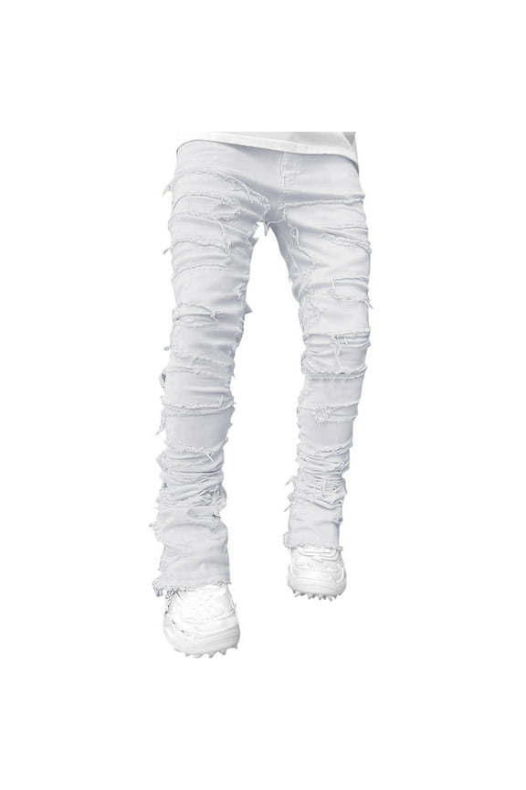 Tassels Jeans for Men - Fashion Stretch Streetwear Casual Straight Leg Denim Pants White Size: XXL