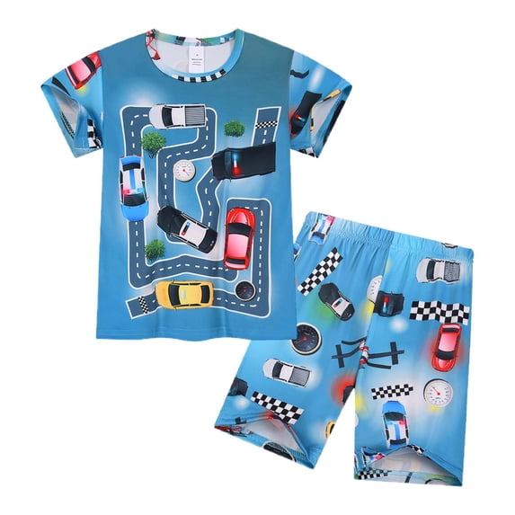 KKBOTIVE Toddler Boy Clothes Cartoon Print Crewneck Short Sleeve T Shirt Tops + Elastic Shorts Summer Boys Sets 2 Piece Outfits, Blue Size: 6-7 Years