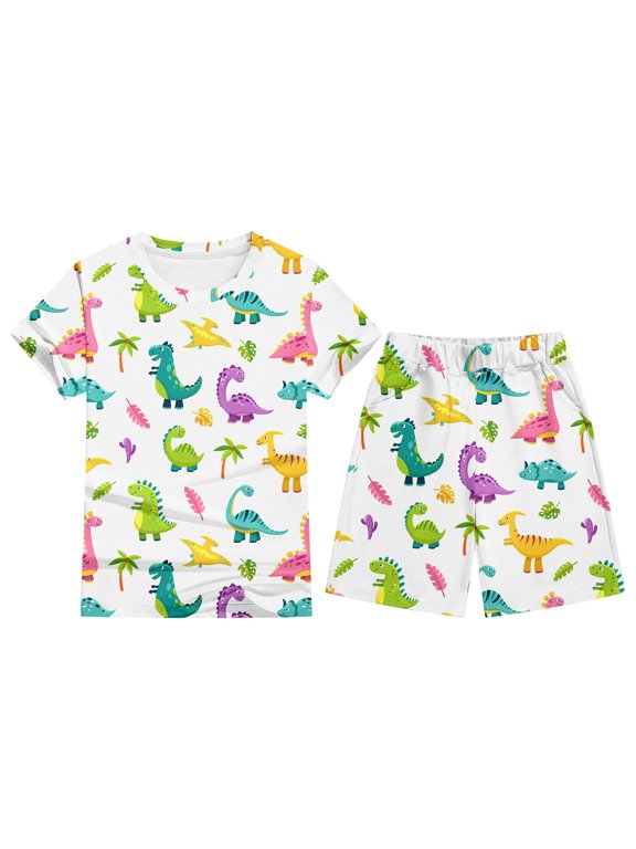 Toddler Boy Set Outfit Cartoon Dinosaur Crewneck Short Sleeved T Shirt Set Summer 2 Piece Sets Boys, White Size: 3-4 Years