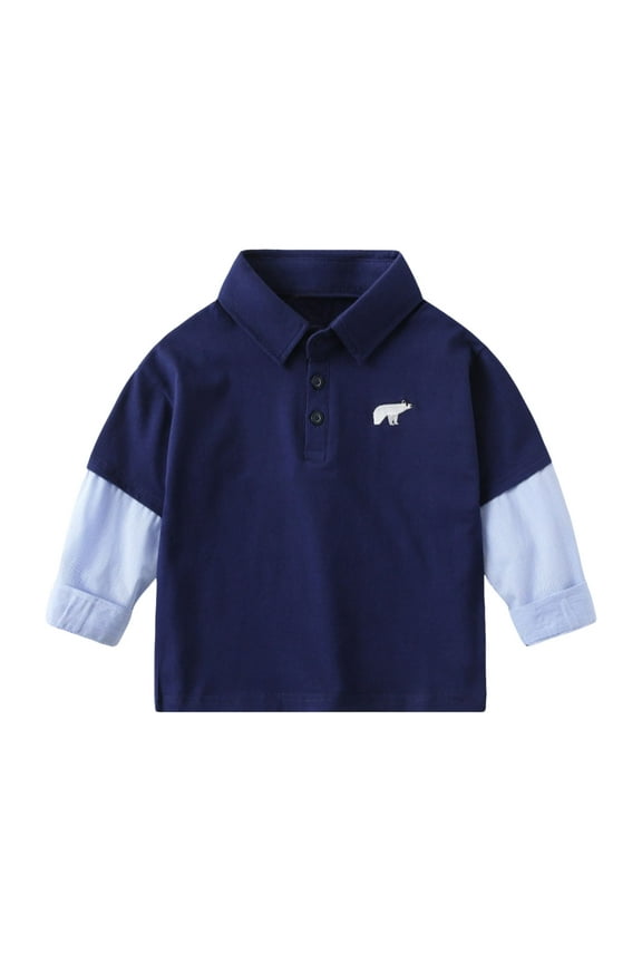Toddler Boys Girls Long Sleeve Polo Shirt, Casual Color Block Cute Bear Print Tops for Kids Back to School Wear, Navy Size:2-3 Years