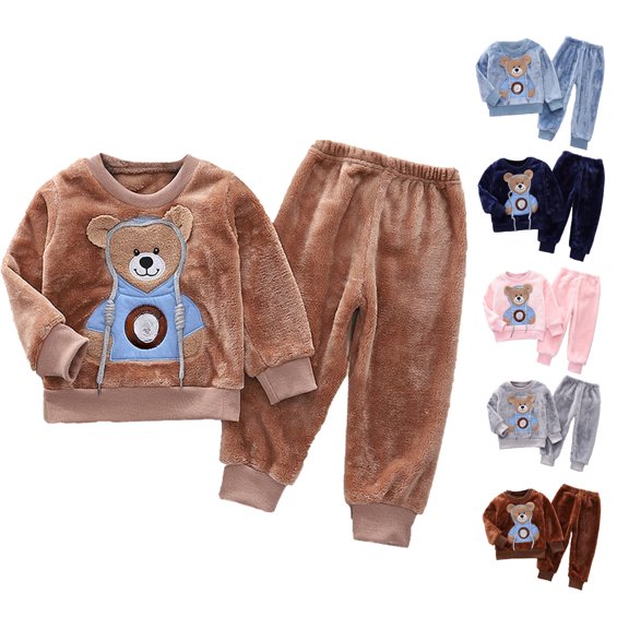 KKBOTIVE Toddler's Winter Flannel Outfit Set Boys Girls Bear Graphic Crew Neck Top and Pant Fuzzy 2 Piece Home Wear for Kids Daily Loungewear, Pink Size: 3-4 Years