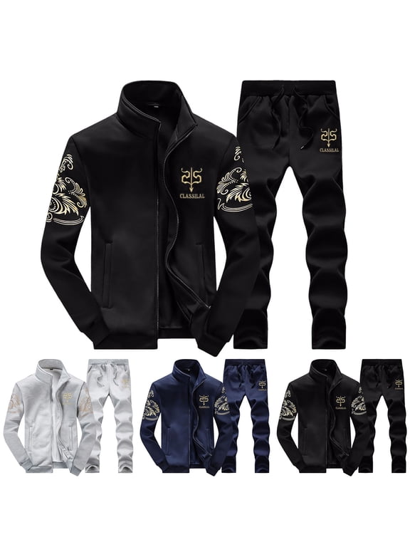 Tracksuit Set for Men Winter Clothes Athletic Sports Casual Full Zip Warm Jogging Sweatsuit Gym Sweat Suits, Blue, Size XL
