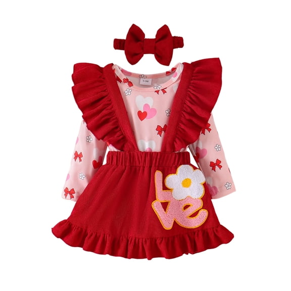 KKBOTIVE Valentine's Day Baby Girl Outfit Cute Heart Romper Overalls Headband Three Piece Set for Toddler Daily Wear, White Size: 9-12 Months