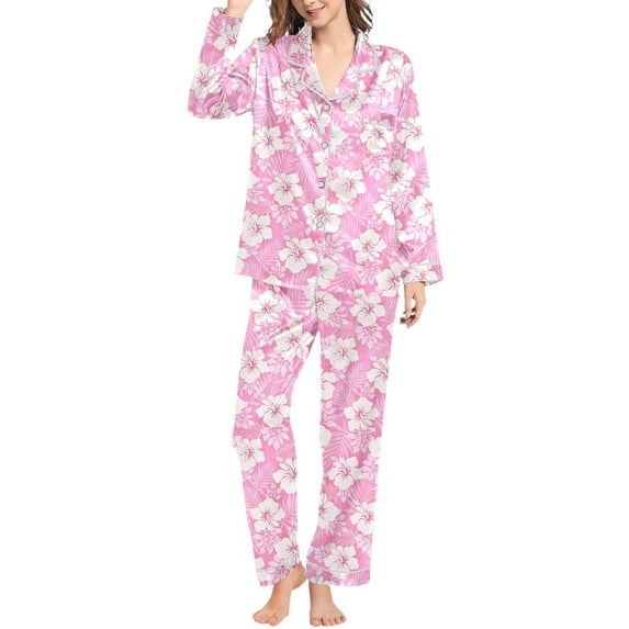 KKBOTIVE Womens Satin Pajama Set - Womens Pajamas Long Pants Sleepwear Sets Soft Comfy Night Wear V Neck Loungewear Cute Pajama Wear ( Pink-3 Size: L )