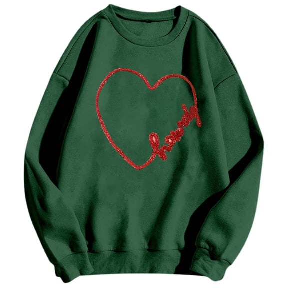 KKBOTIVE Valentines Day Sweatshirt for Couple Fashion Cute Heart Print Hoodies Pullover Round Neck Long Sleeve Shirt Tops for Women and Men Everyday Wear, Army Green Size: XL