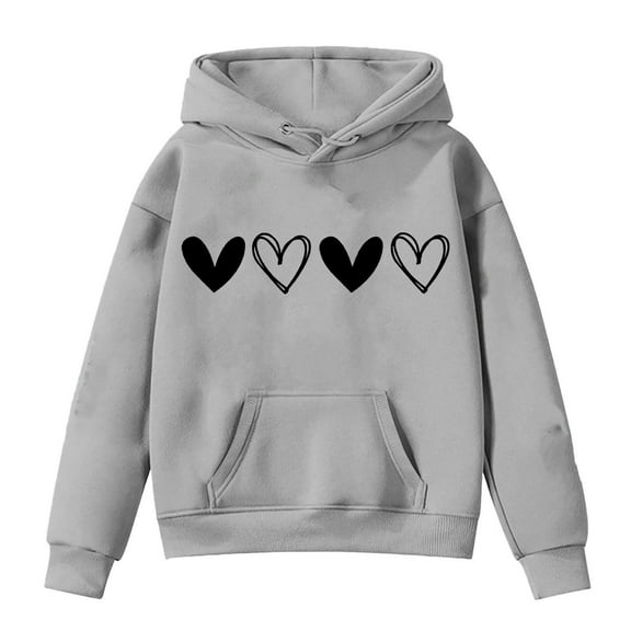 KKBOTIVE Valentines Day Sweatshirt for Girls Casual Heart Print Hoodie Valentine Sweater Loose Fit Cozy Soft Pullover Kids Daily Fall Winter Wear, Grey Size: 7-8 Years