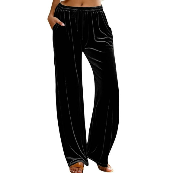 KKBOTIVE Velvet Flare Pants for Women Velour Baggy Elastic Waisted Pant Soft Comfort High Waist Yoga Wide Leg Trousers Black, Size: L