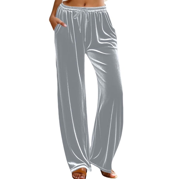 KKBOTIVE Velvet Flare Pants for Women Velour Baggy Elastic Waisted Pant Soft Comfort High Waist Yoga Wide Leg Trousers Grey, Size: L