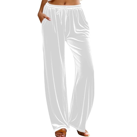 KKBOTIVE Velvet Flare Pants for Women Velour Baggy Elastic Waisted Pant Soft Comfort High Waist Yoga Wide Leg Trousers White, Size: L