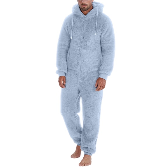 KKBOTIVE Winter Fuzzy Pajamas for Men Hoodie Zipper Jumpsuits Loungewear Long Sleeve Warm Romper Adult Fall Winter Loungewear Light Blue Size: XL