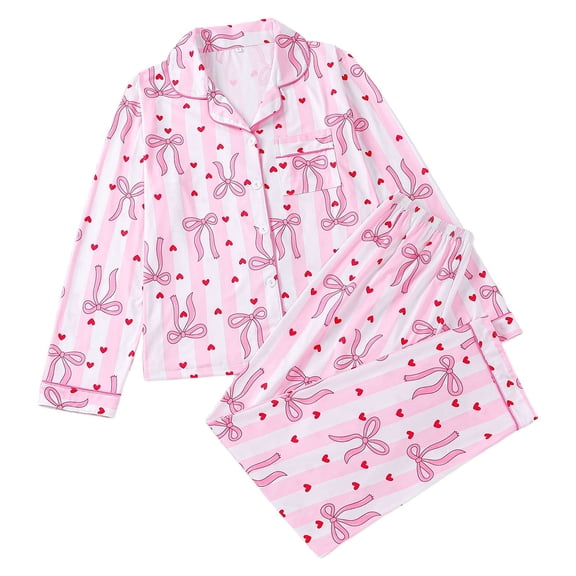 KKBOTIVE Women Festive Bow Pajamas Set -Floral Print Pajama Long Sleeve Button Down Shirt With Comfortable Pants Soft Sleepwear For Cozy Nights And Relaxing At Home ( White-b Size: L )