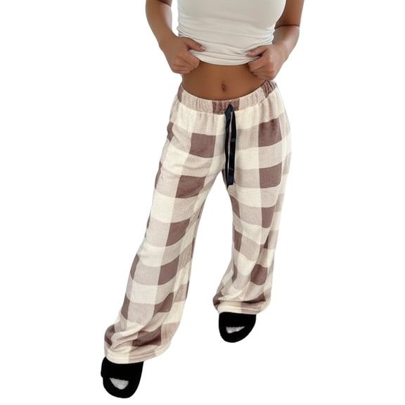 KKBOTIVE Women Flannel Plaid Pants Casual Wide Leg Trousers High Waist Pant for Fall Winter Bottoms Women's Fashion Khaki, Size: M