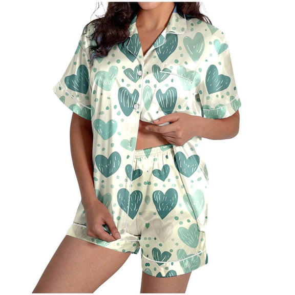 KKBOTIVE Women Satin Silk Valentines Pajamas Printed Short Sleeve Sleepwear Button Down Pajama Shorts Sets Womens Comfort Everyday Loungewear ( Light Green-k Size: L )