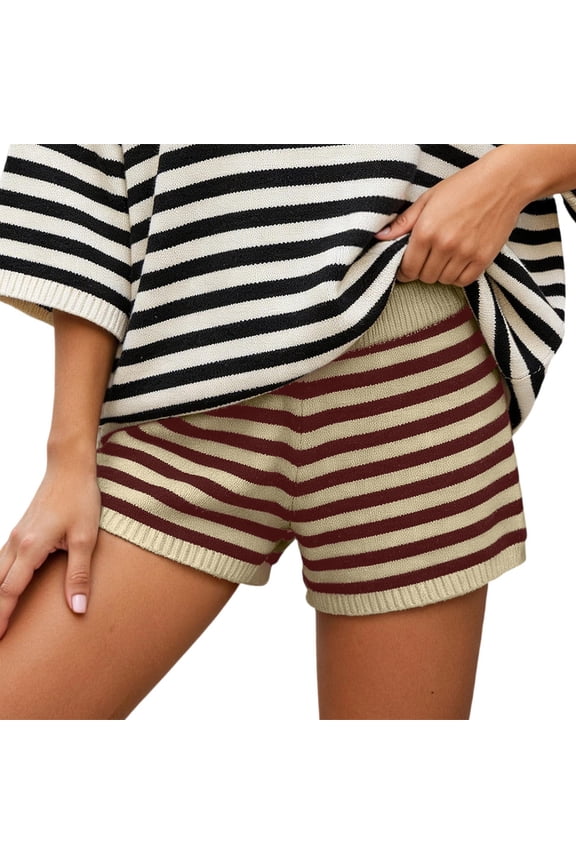 Women Striped Knit Micro Shorts Fold Over Elastic Waist Slim Fit Mini Bottom Leisure Sweater Shorts Women's Fashion, Red Size: One Size