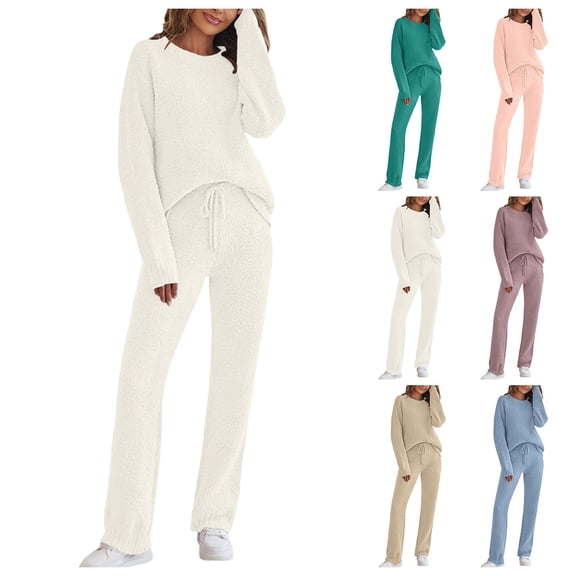 KKBOTIVE Women's Fuzzy Pajama Sets 2 Piece Outfits Long Sleeve Top Wide Leg Pants Loungewear Matching Set 2025 Fall Winter, Blue Size: XXXXXL