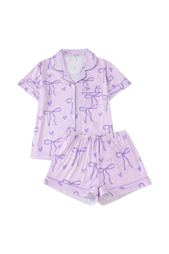 Women's Valentines Pajamas Set 2 Piece Heart Embroidery Short Sleeve Button Up Sleepwear Women's Comfortable Daily Nightwear ( Purple-o Size: S )