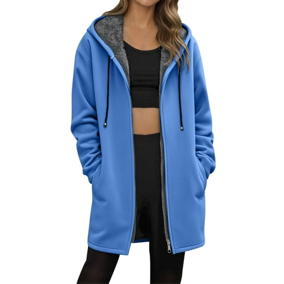 KKBOTIVE Womens Long Hoodies Zip Up Fleece Lined Jackets 2025 Winter Fashion Jacket Soft Tunic Sweatshirts Warm Long Coats Blue Size: L