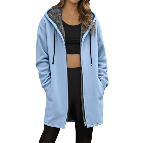 KKBOTIVE Womens Long Hoodies Zip Up Fleece Lined Jackets 2025 Winter Fashion Jacket Soft Tunic Sweatshirts Warm Long Coats Light Blue Size: L