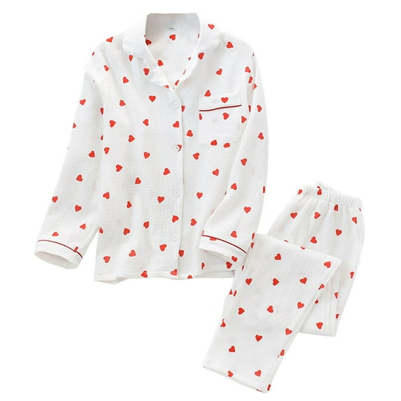 KKBOTIVE Womens Satin Pajama Set - Women's Long Sleeve Cardigan Heart Print Pajama Set For Spring And Autumn Valentine's Day Home Wear Sleepwear 2 Piece Outfit ( 1-White Size: XL )