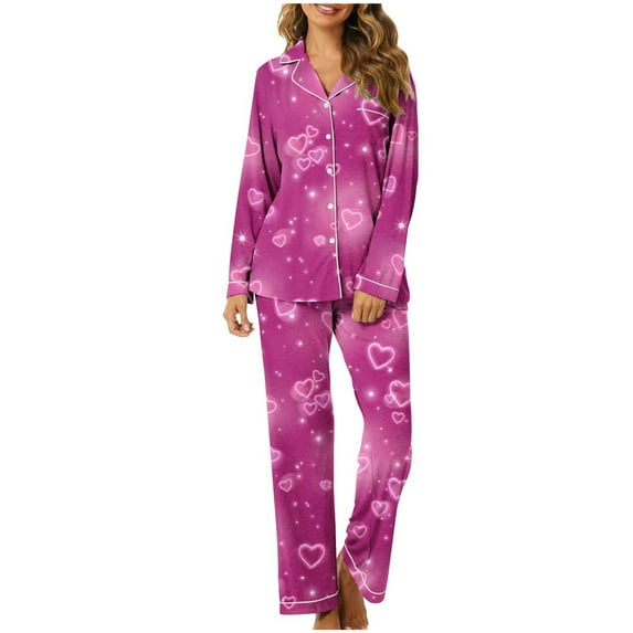 KKBOTIVE Womens Satin Pajama Set - Women's Pajama Set 2 Sets Print Valentine's Day Pajama Lady Button Long Sleeve Home Wear Spring Pajama ( Hot Pink-g Size: M )